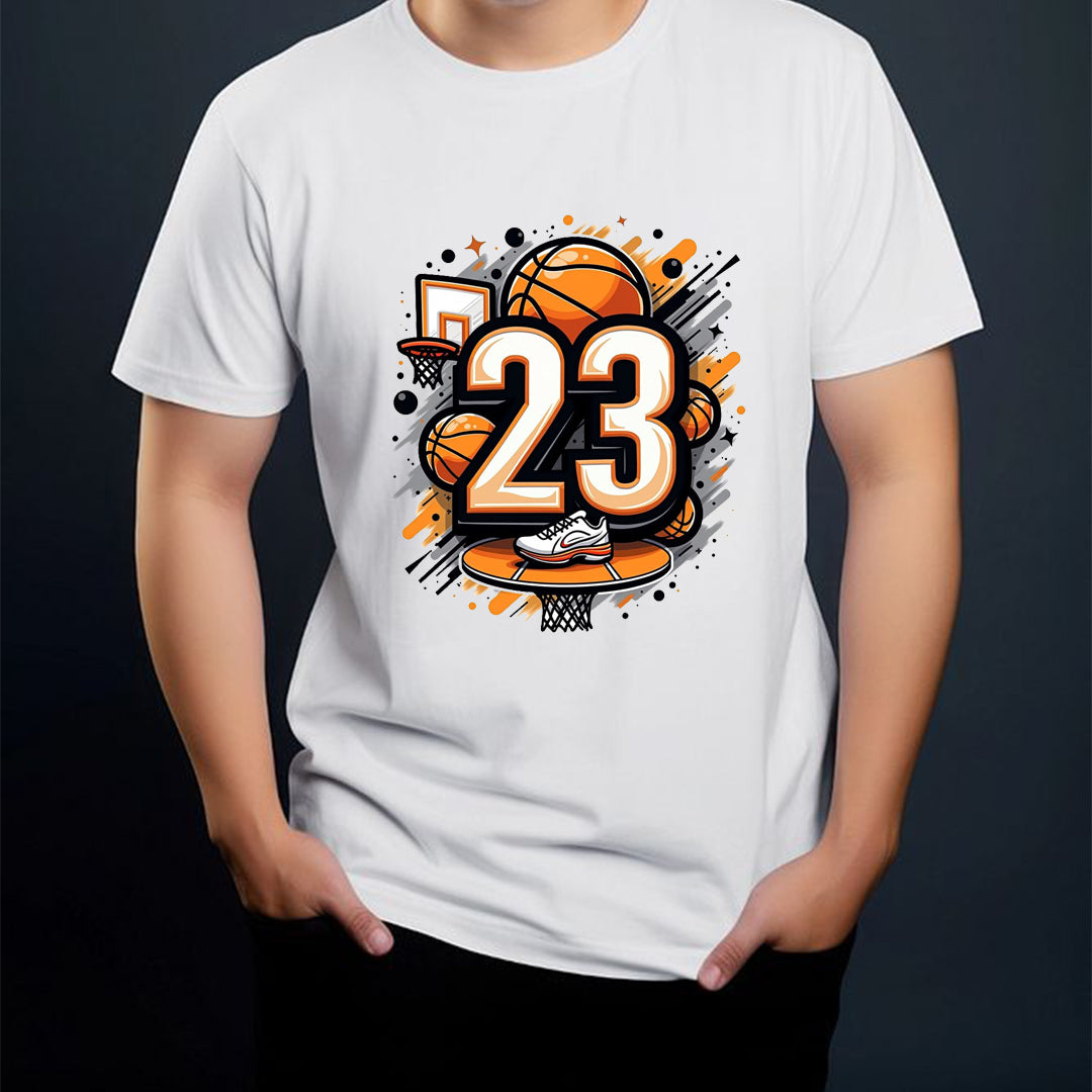 Basketball 23 Printed T-Shirt for Men | Sports Graphic Tee | Cotton Polyester A4 Print Casual Wear | Rentalkart Adtech Pvt Ltd