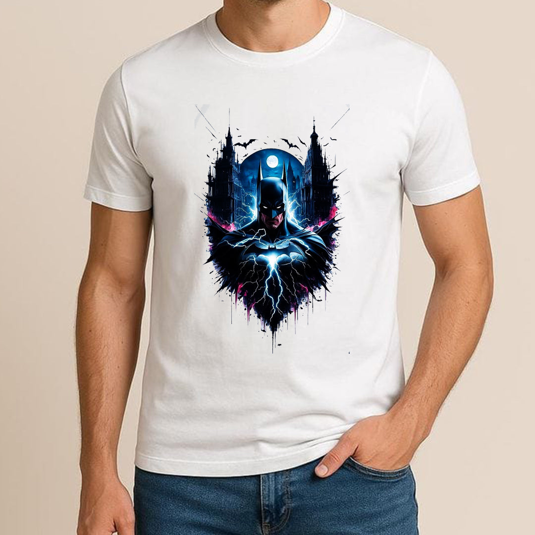 Dark Knight Superhero Printed T-Shirt for Men | Batman Style Graphic Tee | Cotton Polyester A4 Print | Rentalkart Adtech Pvt Ltd