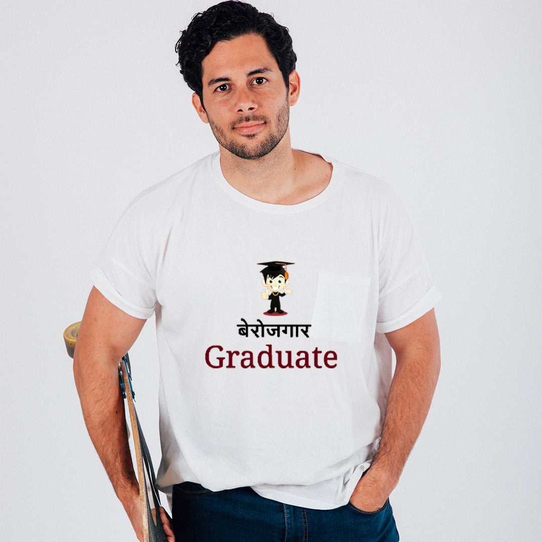 Berojgaar Graduate Printed T-Shirt for Men | Funny Hindi Quote Graphic Tee | Cotton Polyester A4 Print | Rentalkart Adtech Pvt Ltd