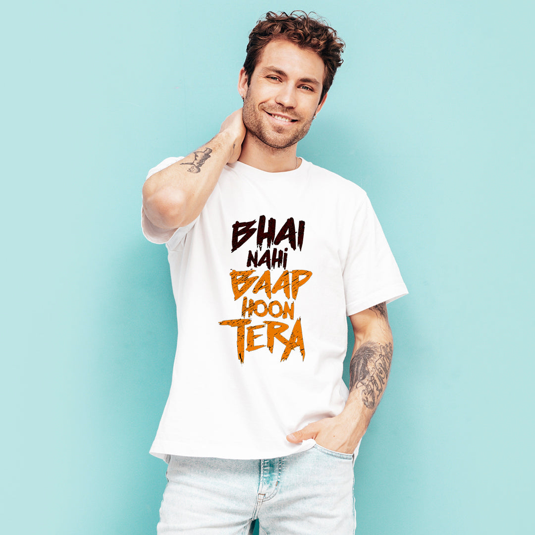 Bhai Nahi Baap Hoon Tera Printed T-Shirt for Men | Funny Hindi Quote Graphic Tee | Cotton Polyester A4 Print | Rentalkart Adtech Pvt Ltd