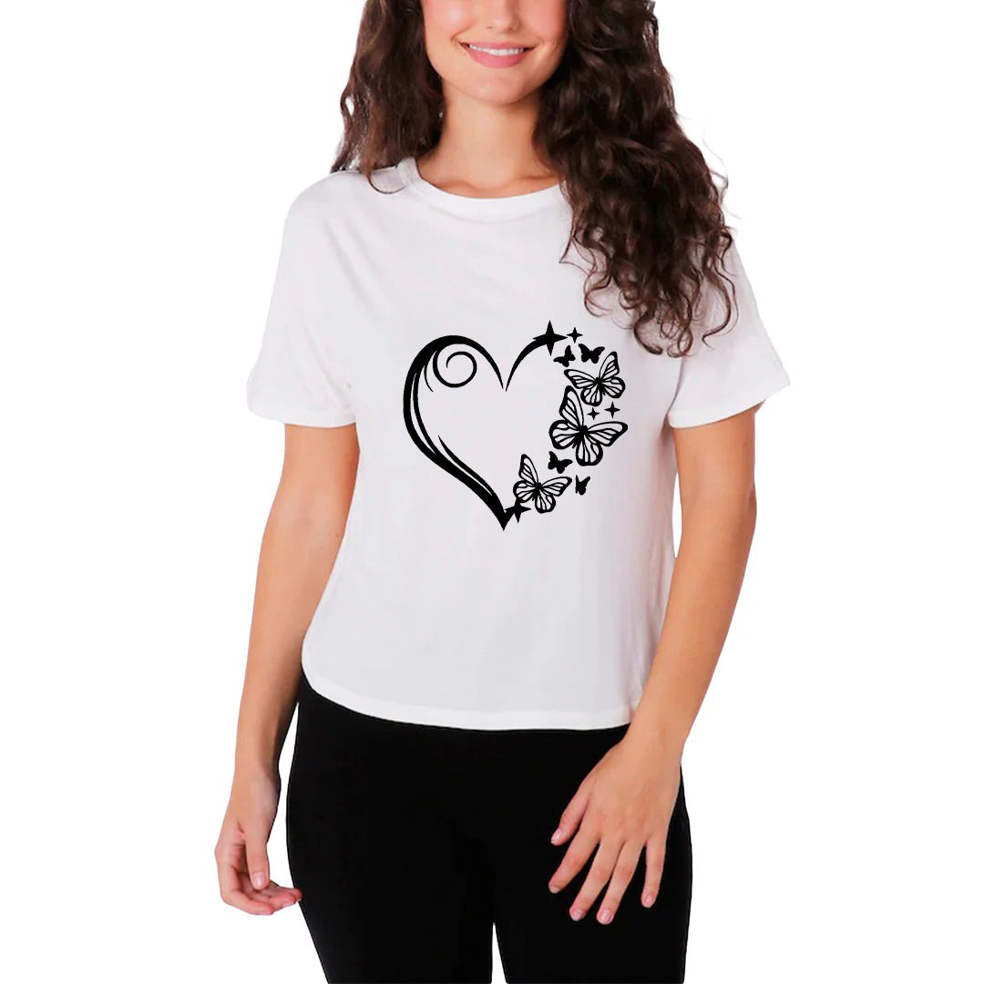 Butterfly Heart Graphic Printed T-Shirt for Women | Premium Cotton + Polyester | White