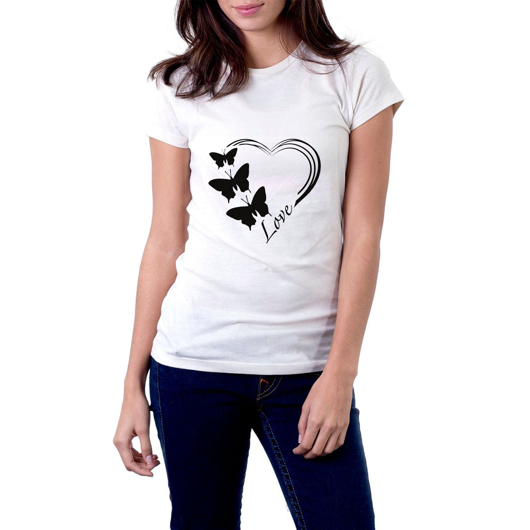 Butterfly Heart Love Graphic Printed T-Shirt for Women | Premium Cotton + Polyester | White