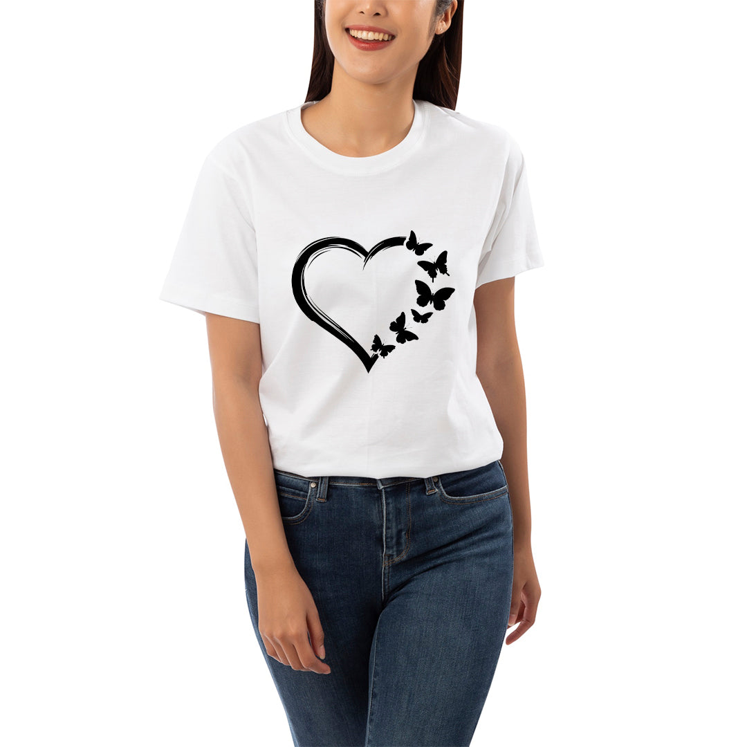 Butterfly Heart Graphic Printed T-Shirt for Women | Premium Cotton + Polyester | White