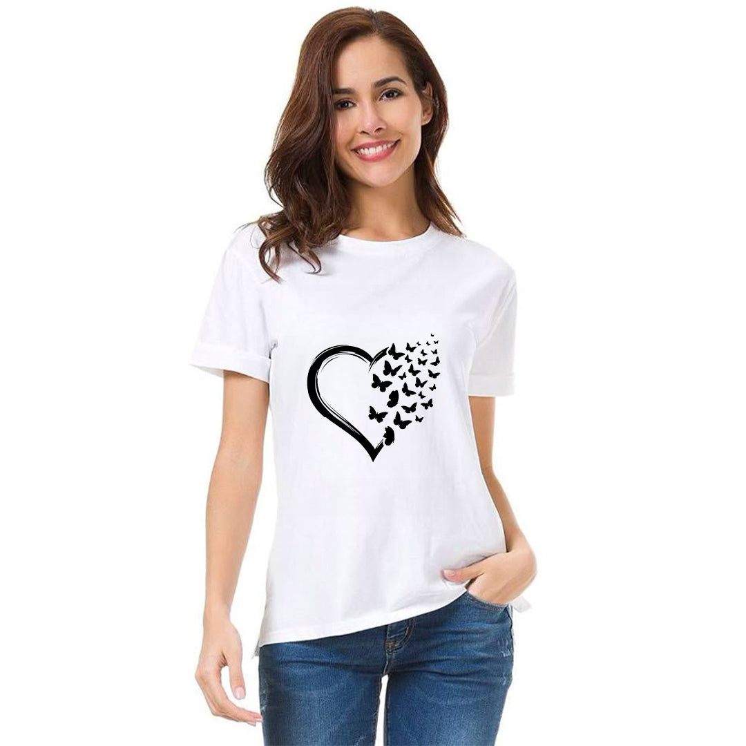 Butterfly Heart Graphic Printed T-Shirt for Women | Premium Cotton + Polyester | White