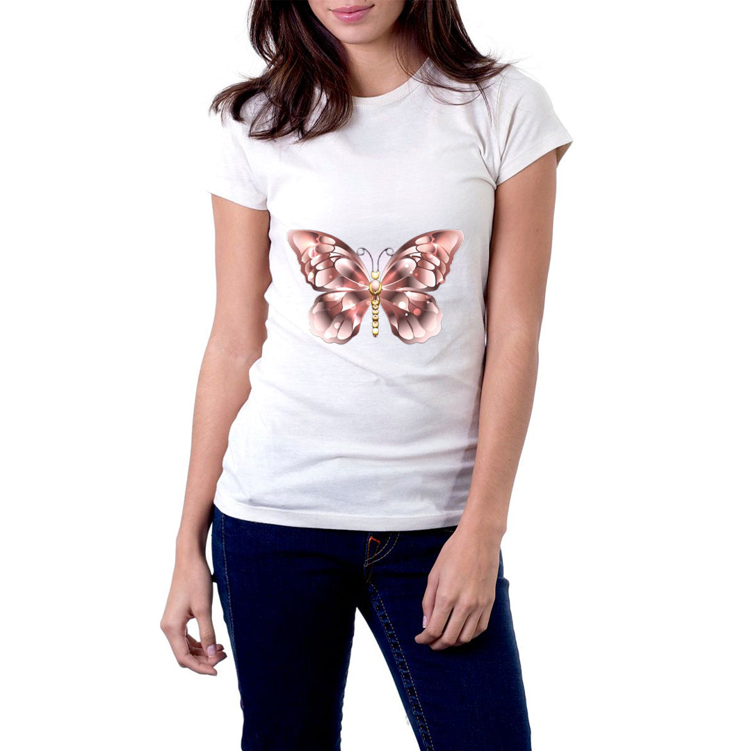 Elegant Butterfly Graphic Printed T-Shirt for Women | Premium Cotton + Polyester | White