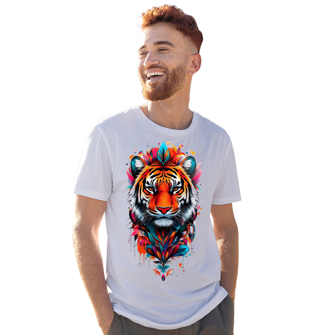 Colorful Tiger Printed T-Shirt for Men | Animal Graphic Streetwear Tee | Cotton Polyester A4 Print | Rentalkart Adtech Pvt Ltd