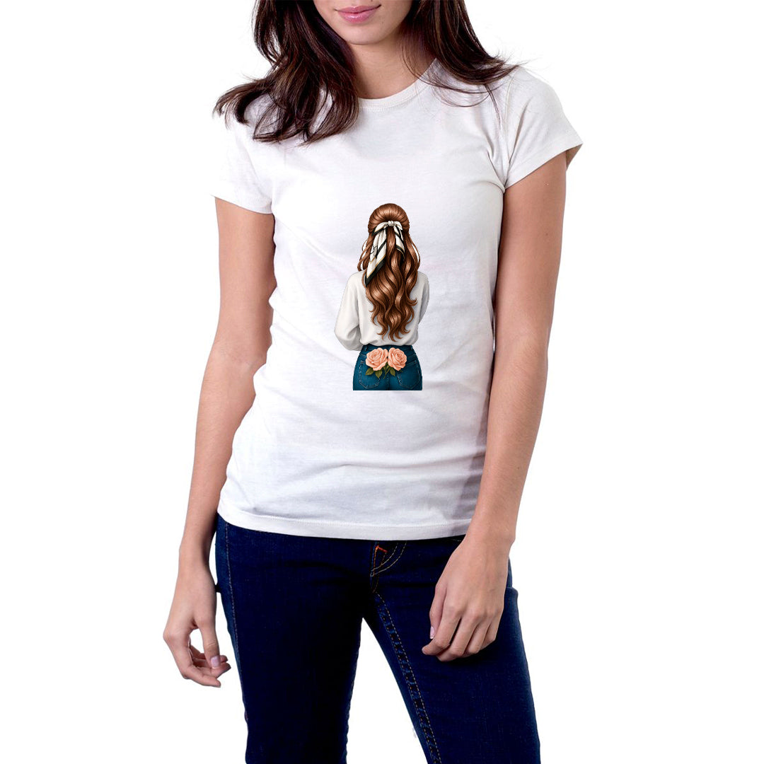 Cool Girl Back View Graphic Printed T-Shirt for Women | Premium Cotton + Polyester | White