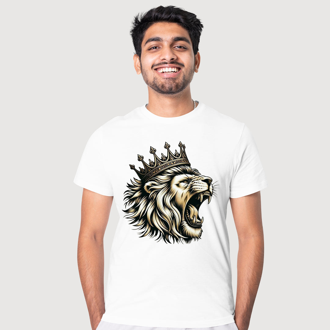Crowned Lion Printed T-Shirt for Men | King Lion Graphic Tee | Cotton Polyester A4 Print Streetwear | Rentalkart Adtech Pvt Ltd