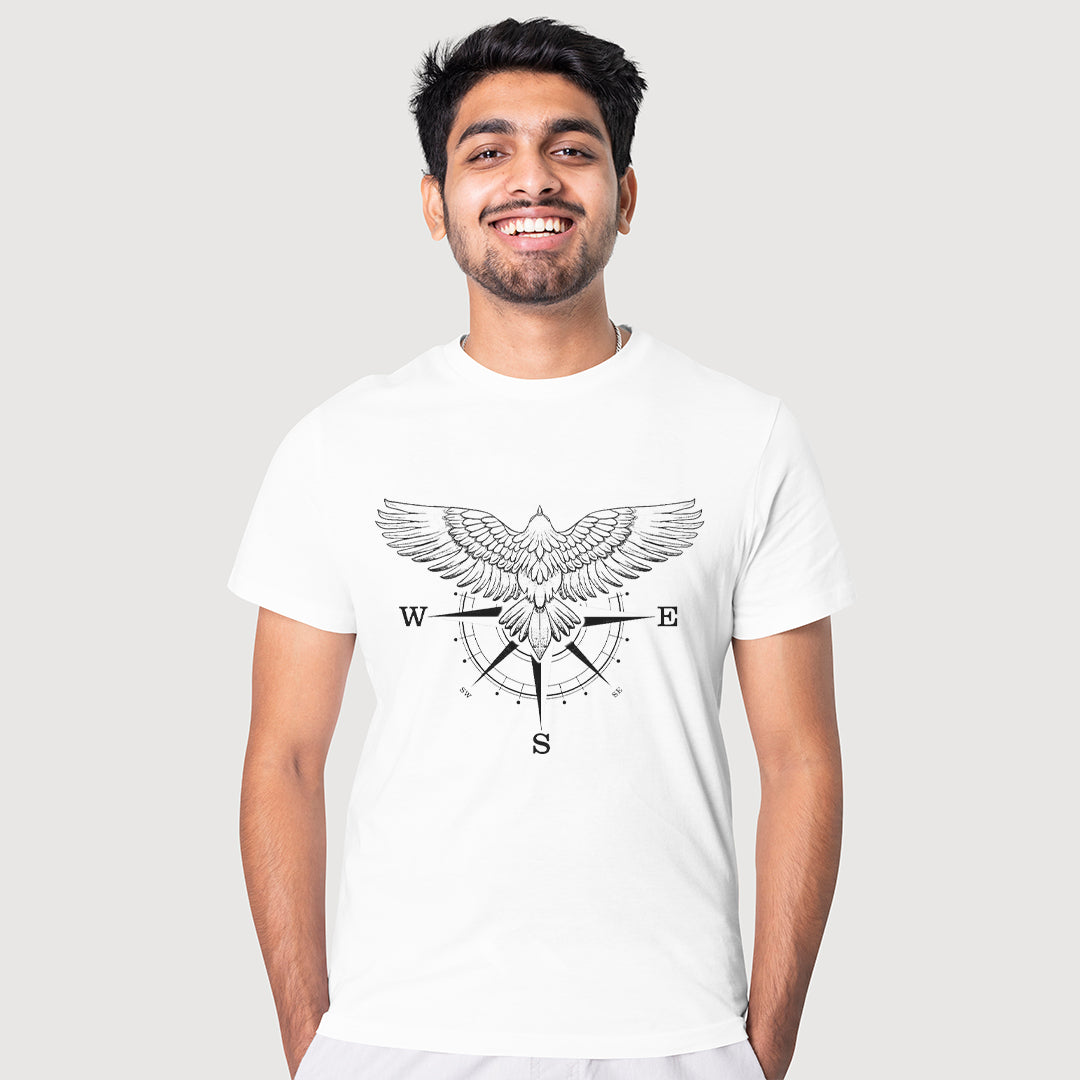 Eagle Compass Printed T-Shirt for Men | Minimal Adventure Graphic Tee | Cotton Polyester A4 Print Casual Wear | Rentalkart Adtech Pvt Ltd