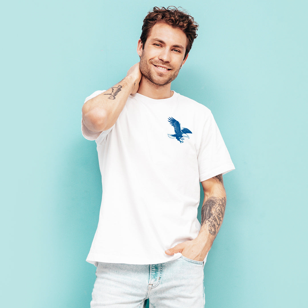 Minimal Eagle Logo T-Shirt for Men | Small Chest Print Graphic Tee | Cotton Polyester A4 Print Casual Wear | Rentalkart Adtech Pvt Ltd