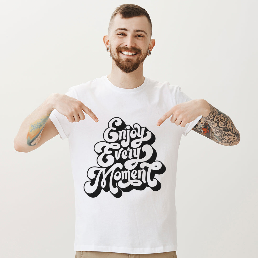 Enjoy Every Moment Printed T-Shirt for Men | Motivational Quote Graphic Tee | Cotton Polyester A4 Print | Rentalkart