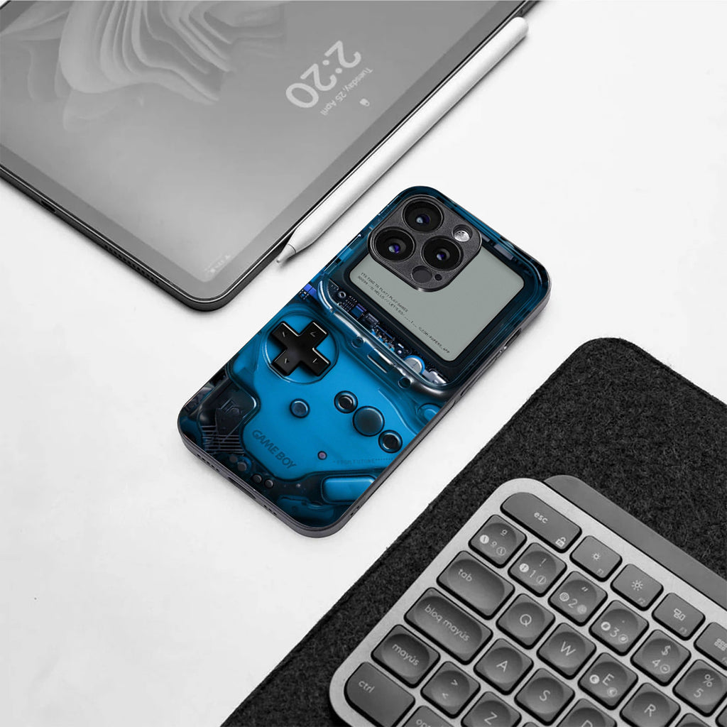 Game Boy Classic Blue pattern phone case for iphone 16 pro | Glass case