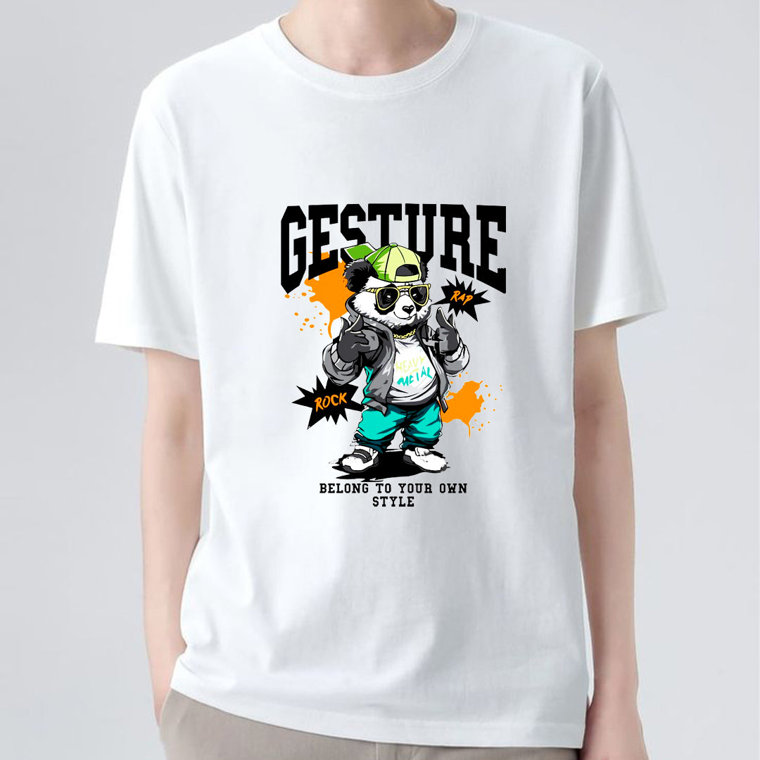 Gesture Panda Printed T-Shirt for Men | Street Style Graphic Tee | Cotton Polyester A4 Print | Trendy Casual Wear India | Rentalkart