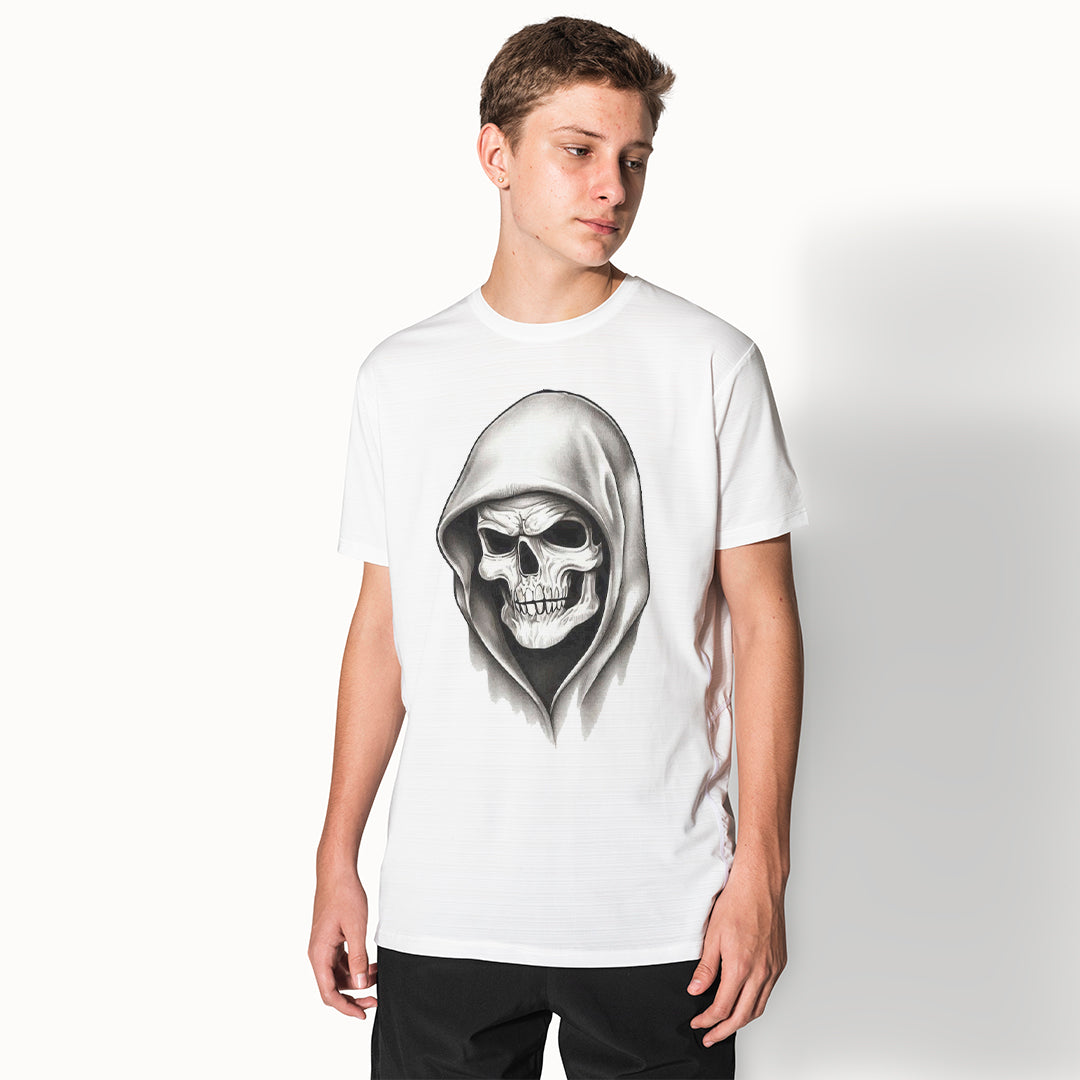 Skull Hoodie Printed T-Shirt for Men | Dark Aesthetic Graphic Tee | Cotton Polyester A4 Print | Gothic Streetwear India | Rentalkart