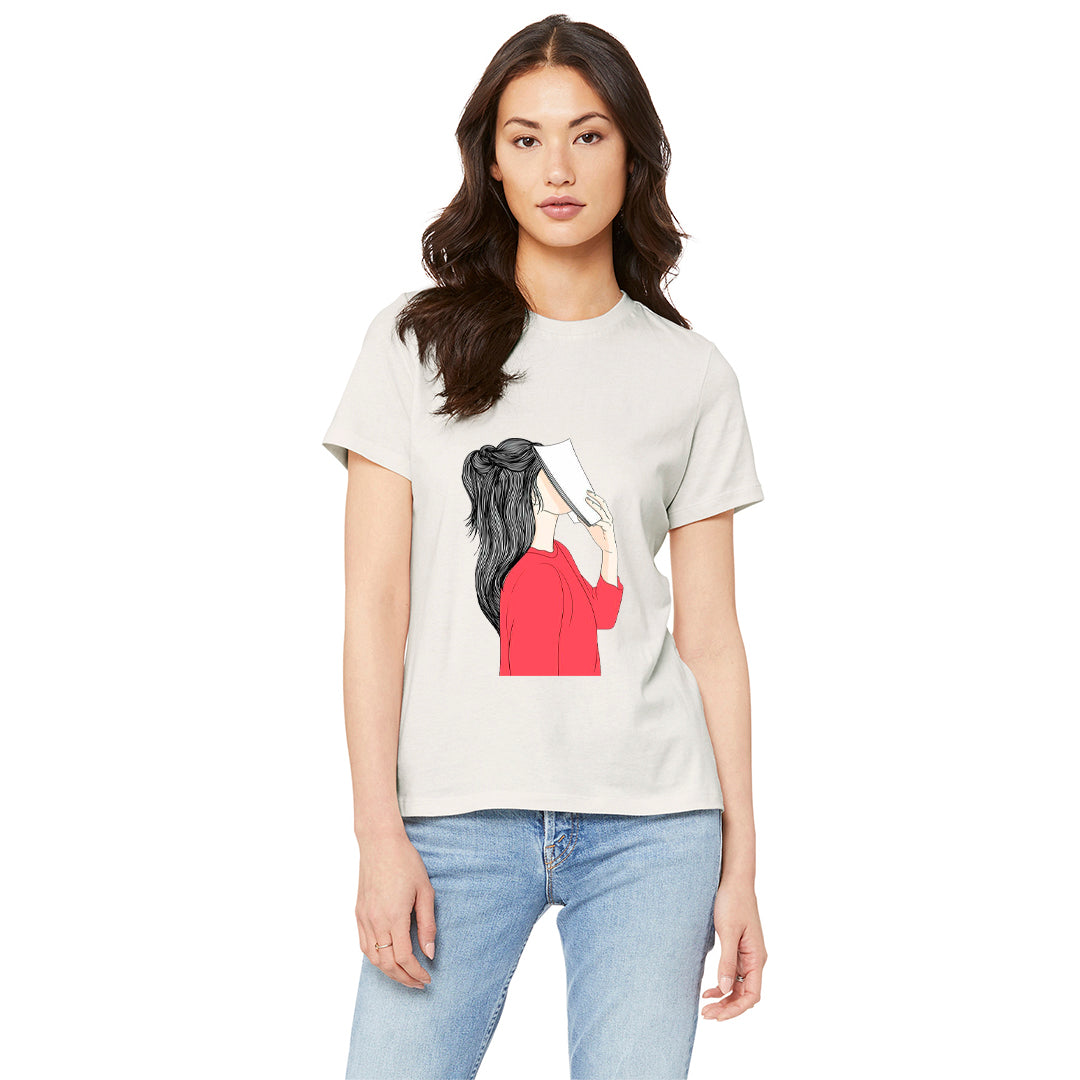 Girl With Book Study Illustration Printed T-Shirt for Women | Premium Cotton + Polyester | Off White