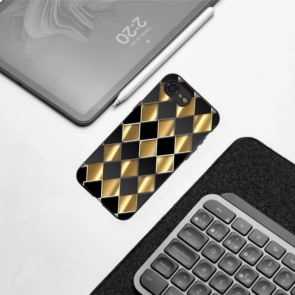 Golden Chessboard pattern phone case for iphone 16E | Glass case
