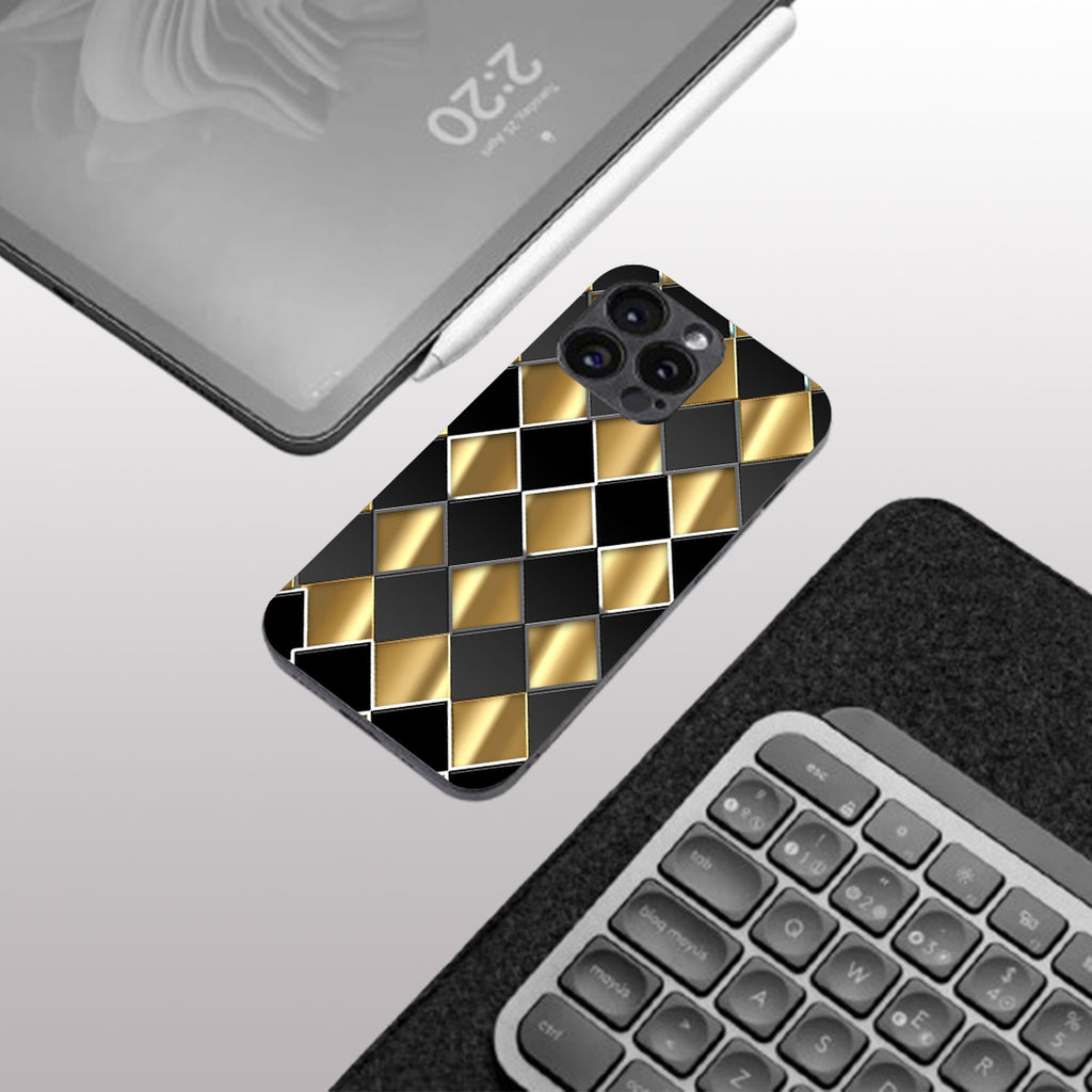 Golden Chessboard pattern phone case for iphone 16 pro max | Glass case