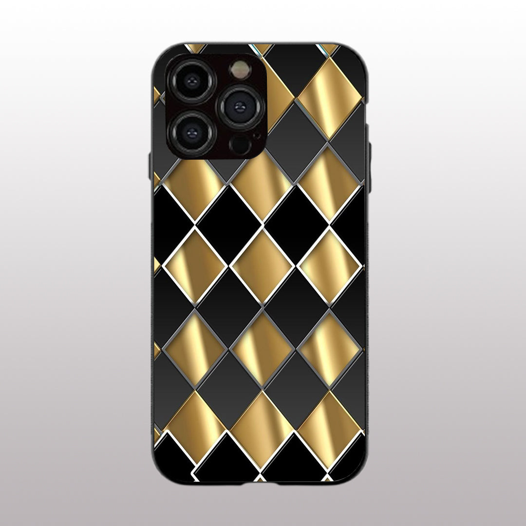 Golden Chessboard pattern phone case for iphone 15 pro max |Glass case