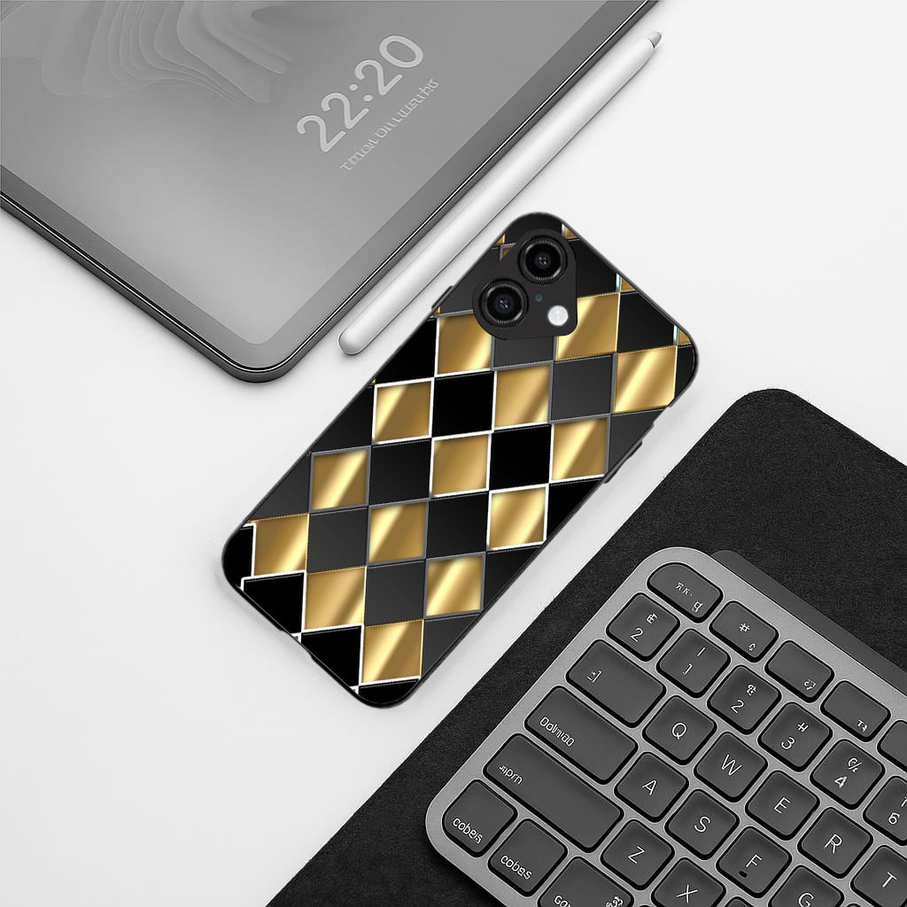Golden Chessboard pattern phone case for iphone 16 plus | Glass case