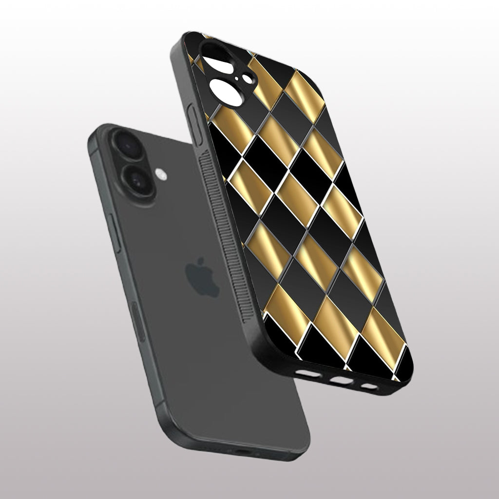 Golden Chessboard pattern phone case for iphone 16 plus | Glass case