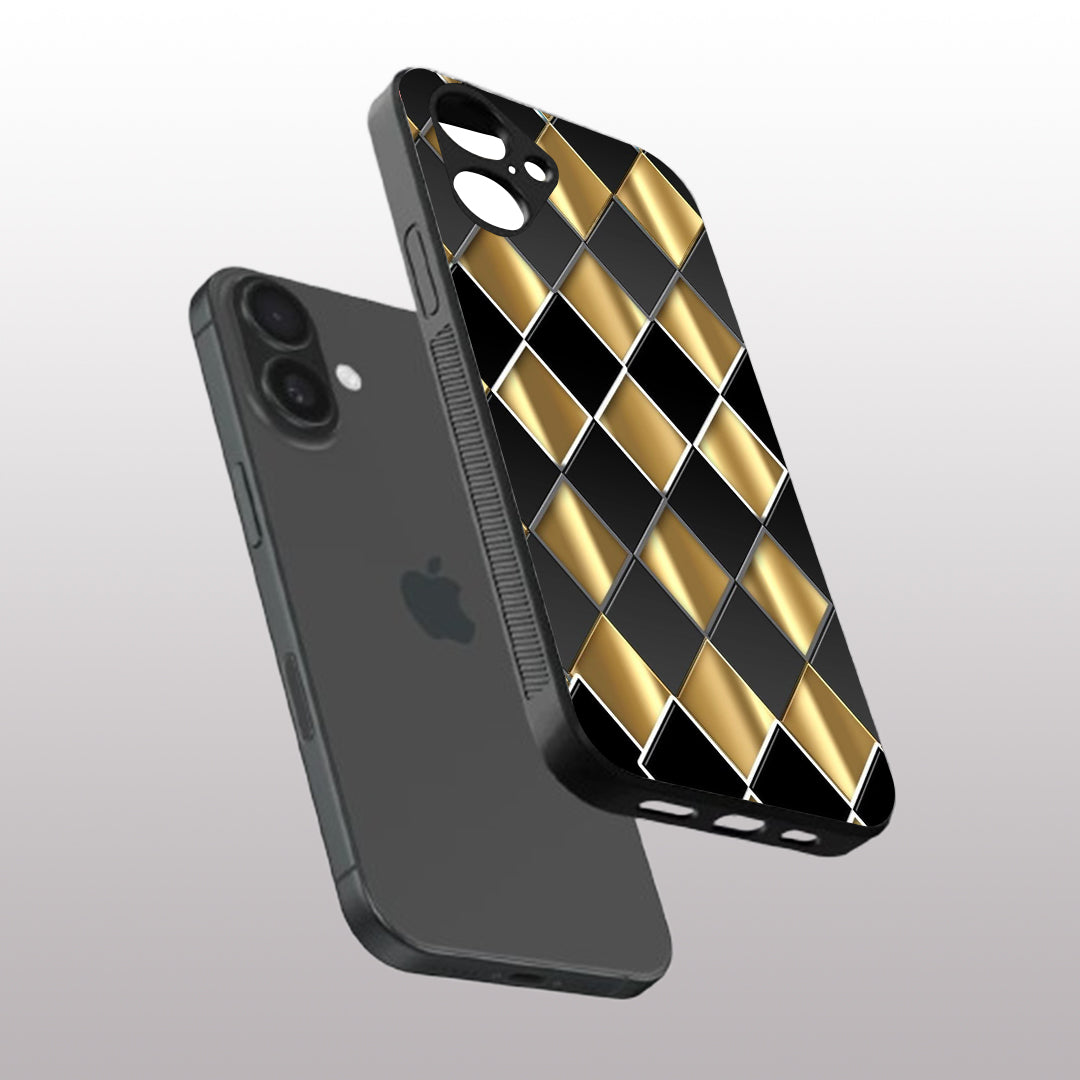 Golden Chessboard pattern phone case for iphone 16 plus | Glass case