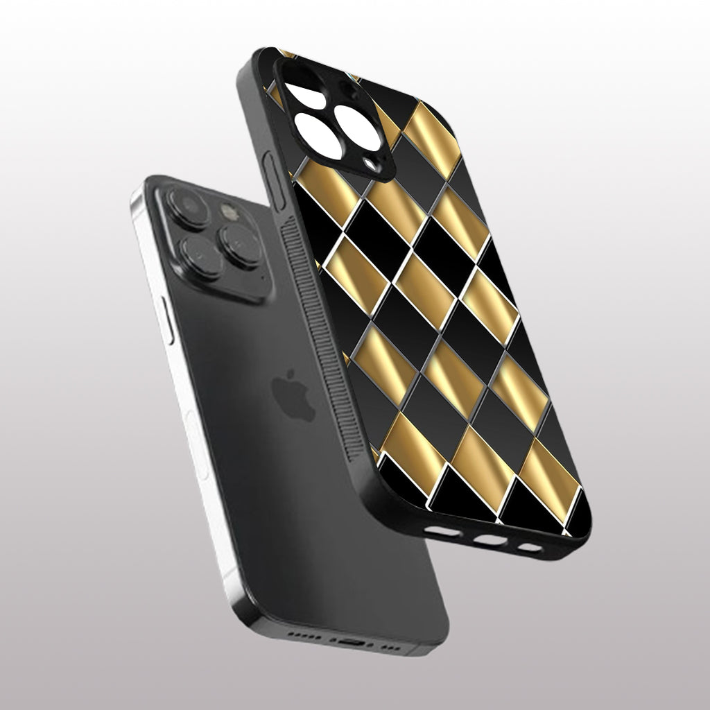 Golden Chessboard pattern phone case for iphone 16 pro max | Glass case
