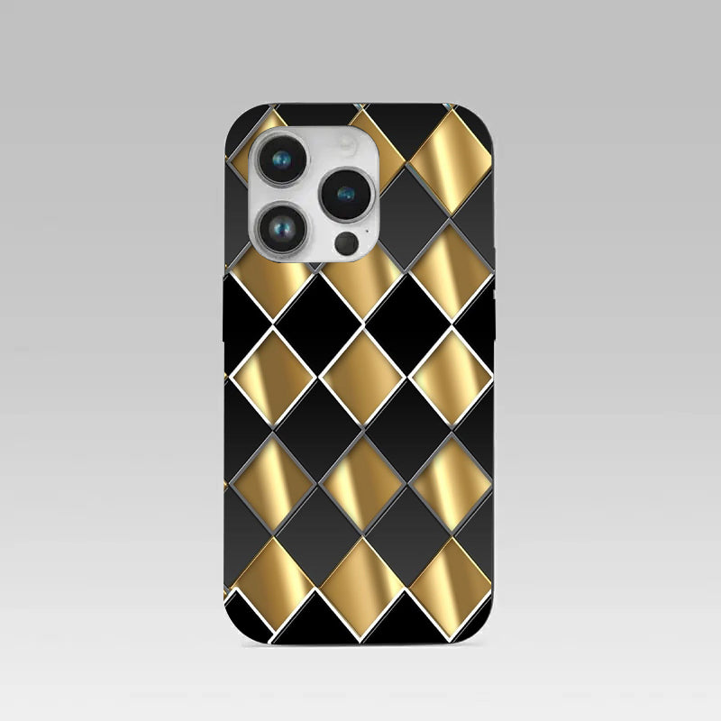 Golden Chessboard pattern phone case for iphone 16 pro |Glass case