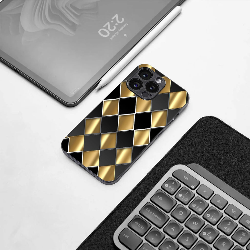 Golden Chessboard pattern phone case for iphone 16 pro |Glass case