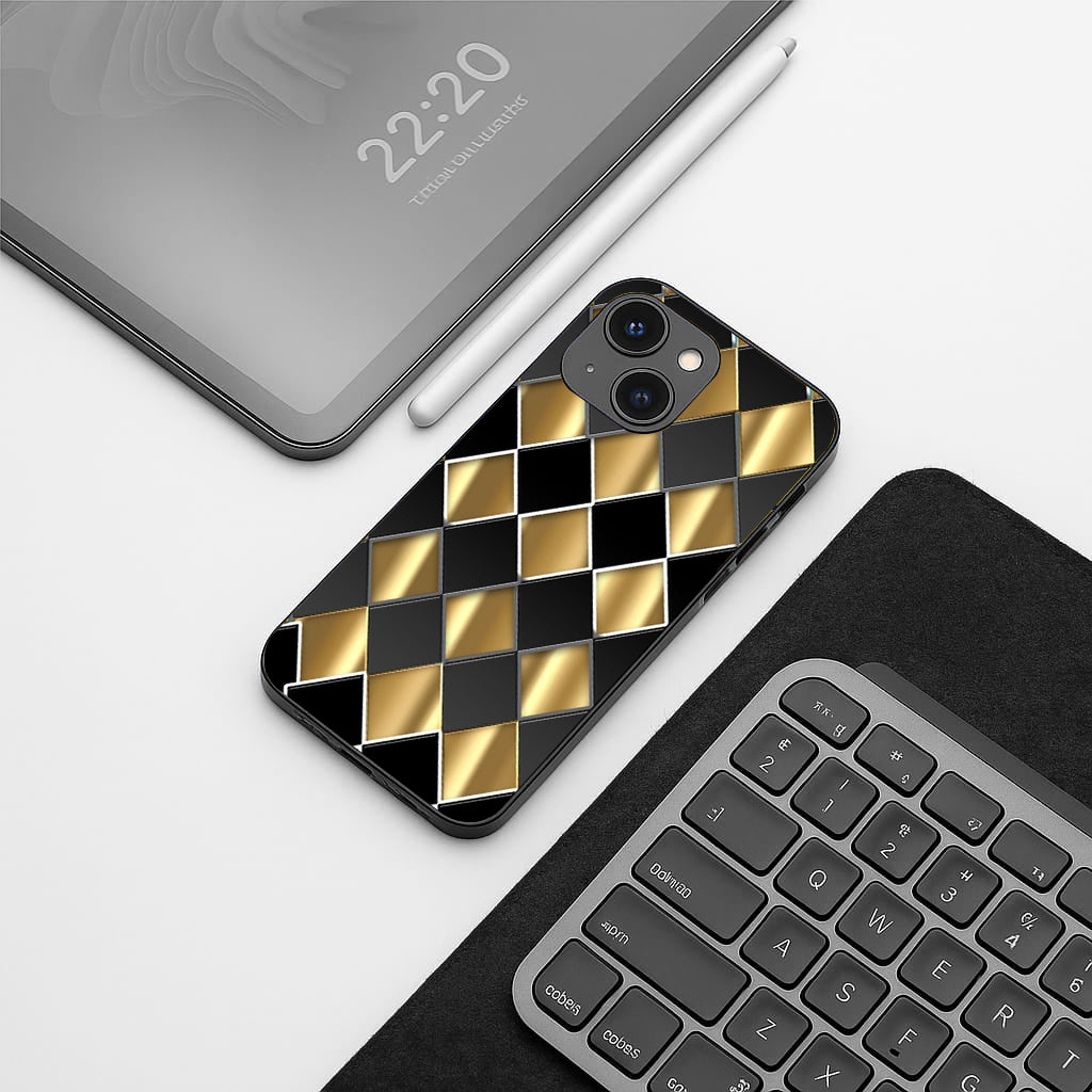 Golden Chessboard pattern phone case for iphone 13 mini |Glass case