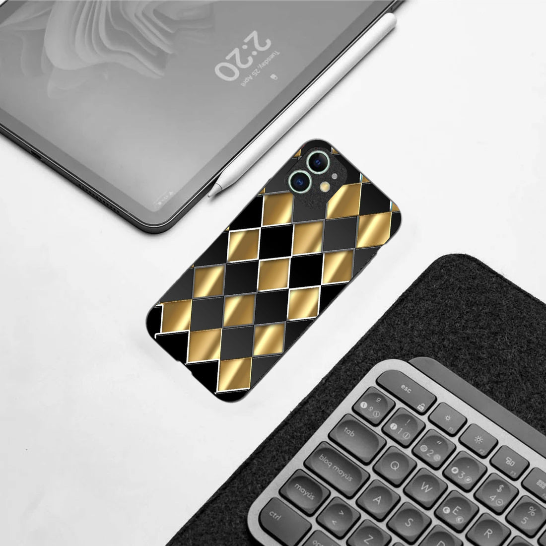 Golden Chessboard pattern phone case for iphone 12 |Glass case