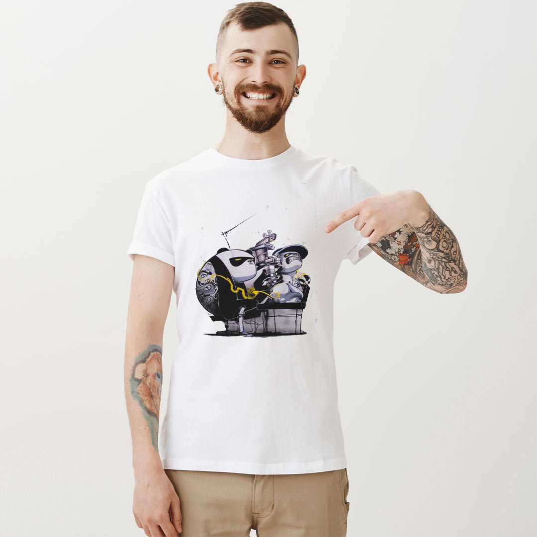 Graffiti Panda Robot Printed T-Shirt for Men | Funky Graphic Streetwear Tee | Cotton Polyester A4 Print | Trendy Casual Wear India | Rentalkart