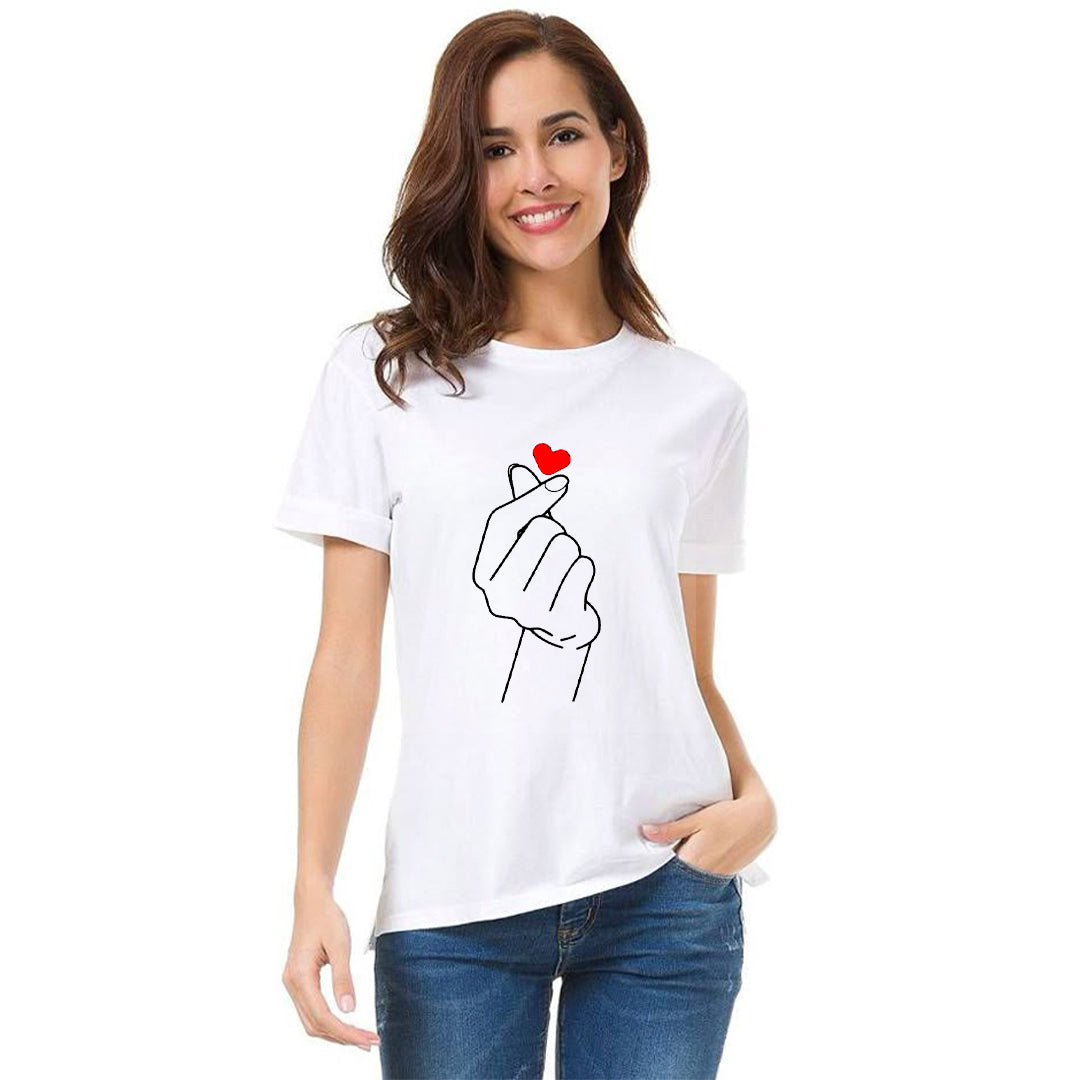 Finger Heart Love Graphic Printed T-Shirt for Women | Premium Cotton + Polyester | White
