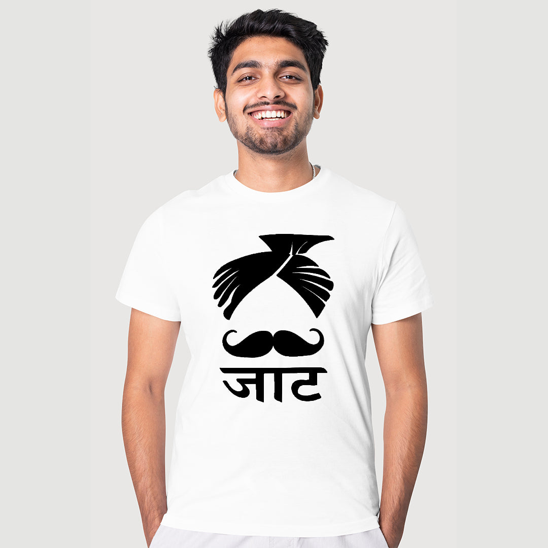Jaat Turban T-Shirt for Men | Desi Jaat Attitude Printed Tee | Moustache Turban Graphic T-Shirt | Cotton Polyester A4 Print | Rentalkart