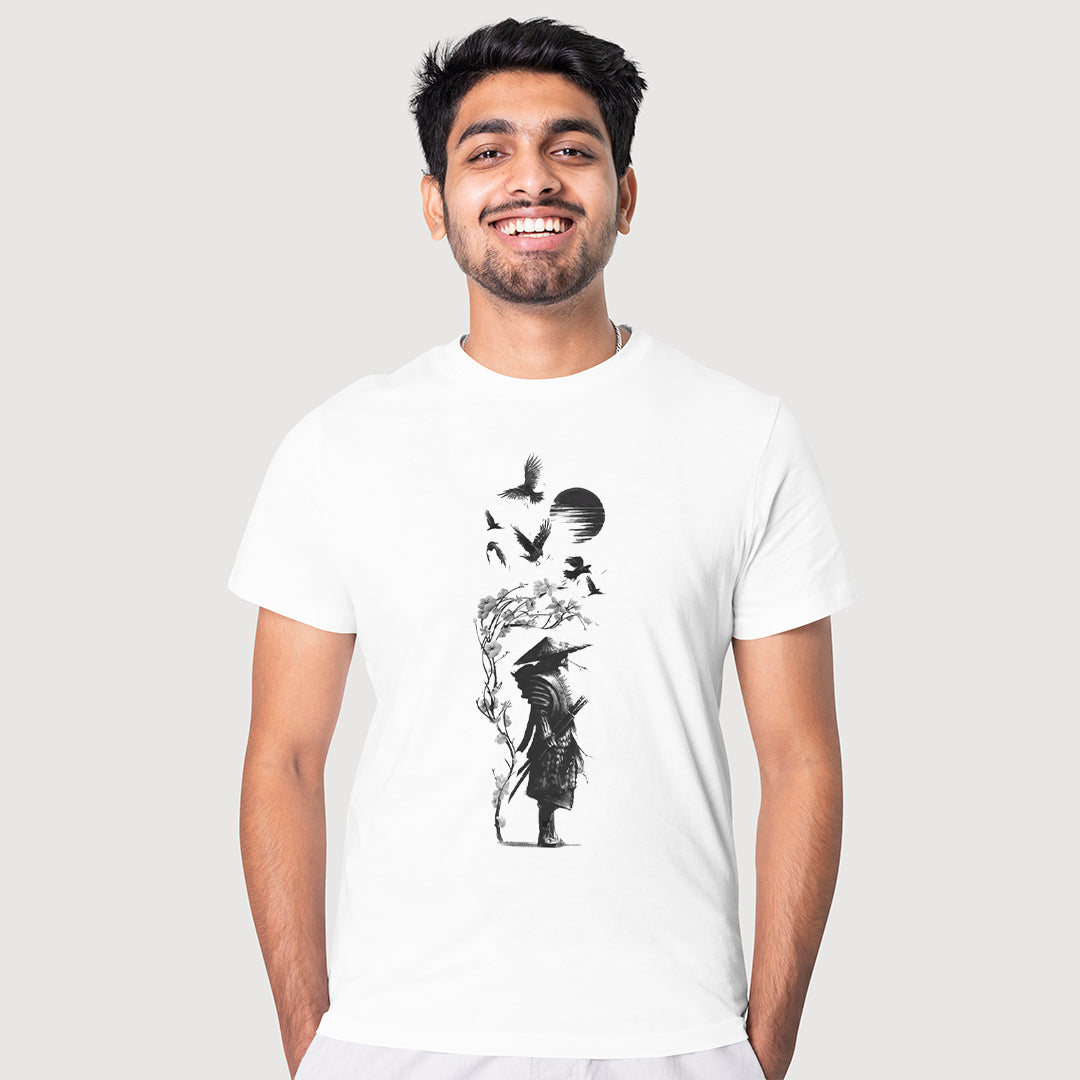 Samurai Art T-Shirt for Men | Japanese Warrior Graphic Tee | Minimal Aesthetic Streetwear T-Shirt | Cotton Polyester A4 Print | Rentalkart