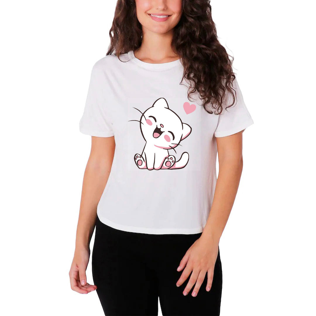 Kawaii Cat Cute Graphic Printed T-Shirt for Women | Premium Cotton + Polyester | White