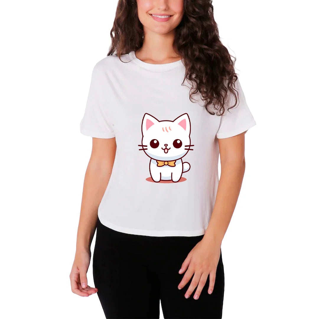 Kawaii Animal Cute Cat Graphic Printed T-Shirt for Women | Premium Cotton + Polyester | White