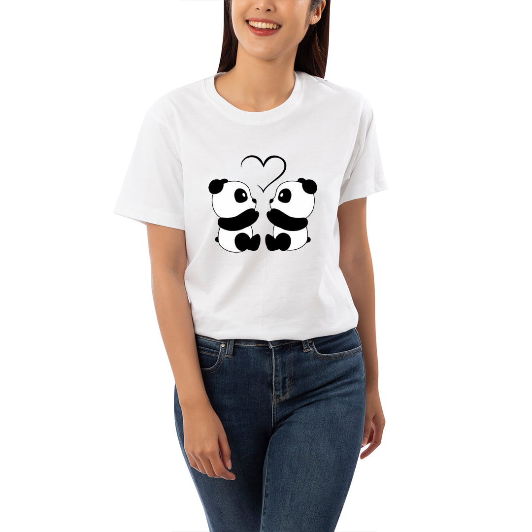 Kawaii Panda Love Graphic Printed T-Shirt for Women | Premium Cotton + Polyester | White