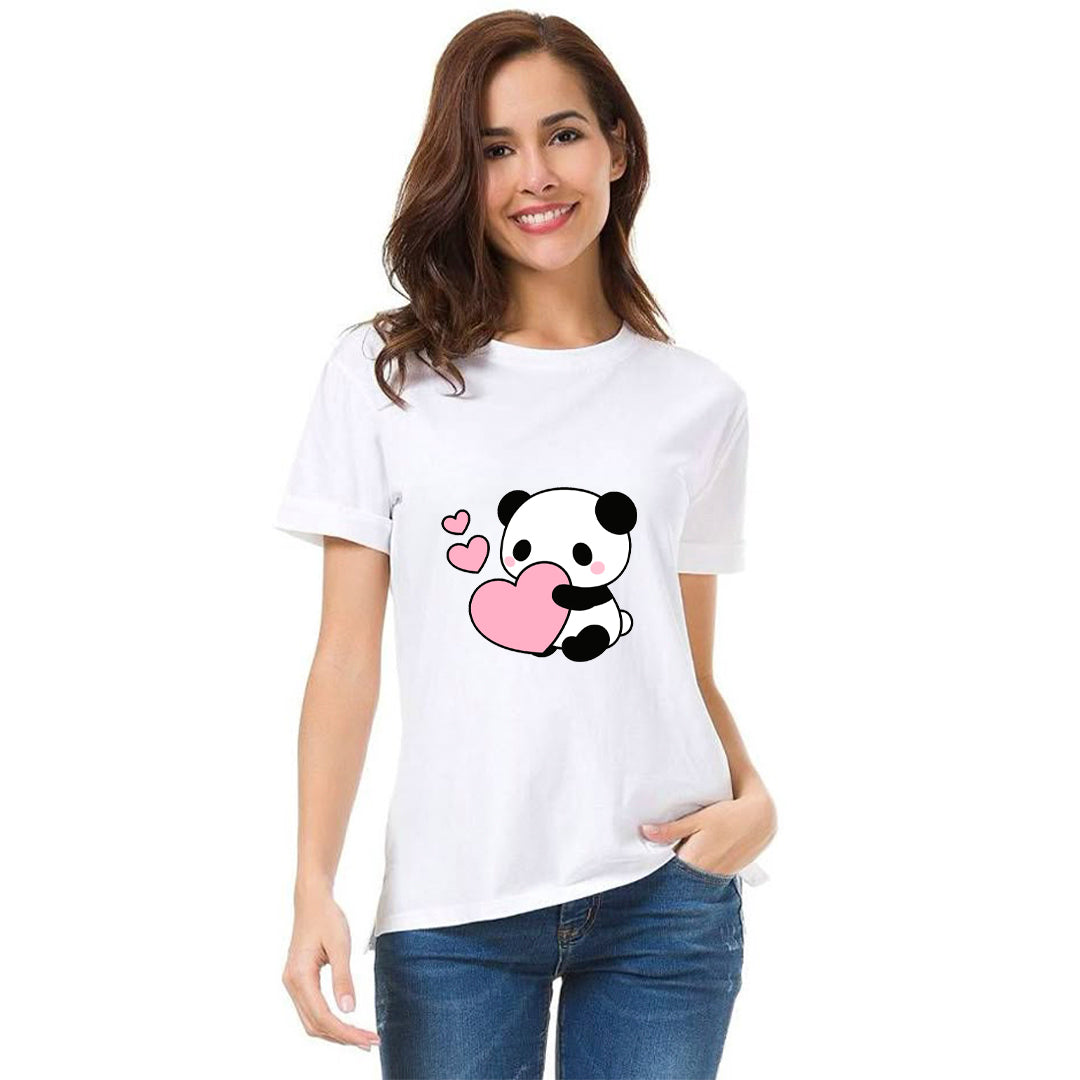Kawaii Panda Love Graphic Printed T-Shirt for Women | Premium Cotton + Polyester | White