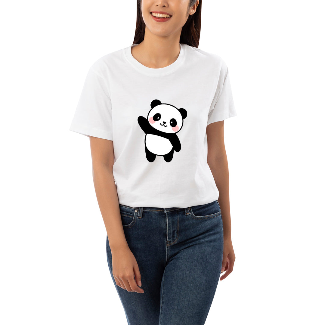 Kawaii Panda Cute Graphic Printed T-Shirt for Women | Premium Cotton + Polyester | White