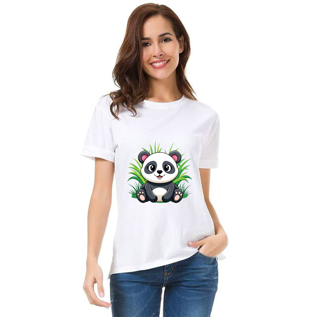 Kawaii Panda Sitting Graphic Printed T-Shirt for Women | Premium Cotton + Polyester | White