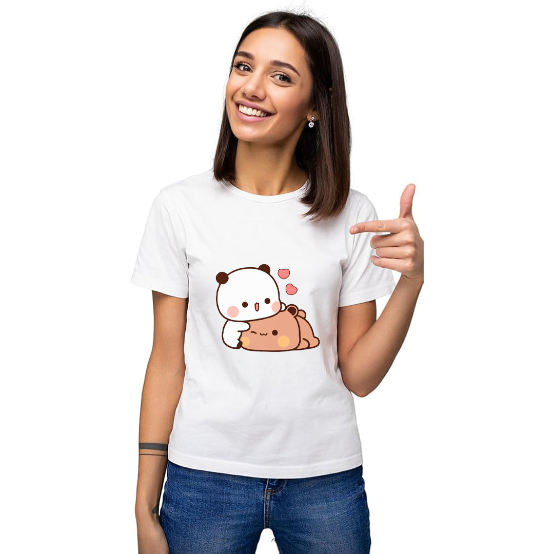 Kawaii Panda Hug Love Graphic Printed T-Shirt for Women | Premium Cotton + Polyester | White