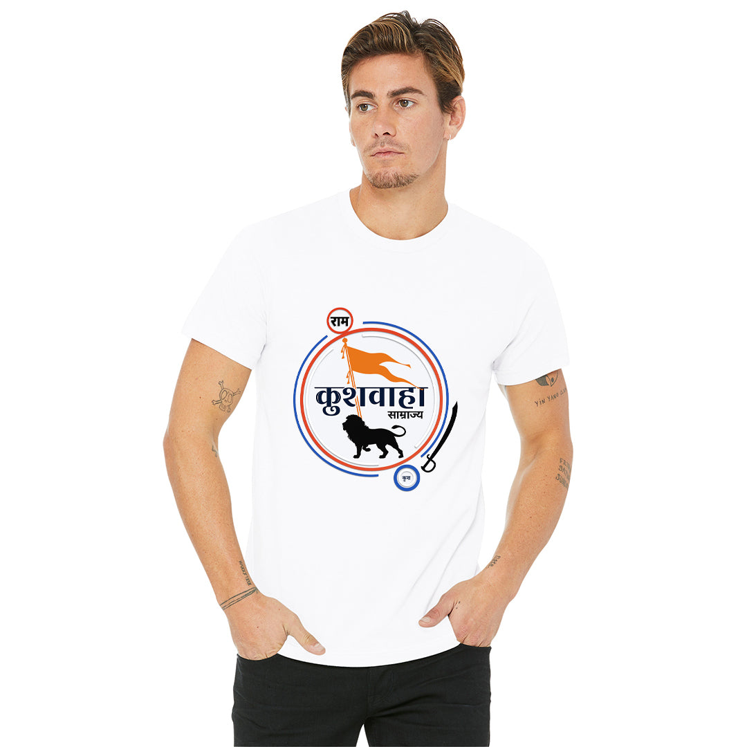 Kushwaha Samaj T-Shirt for Men | Ram Flag Lion Graphic Printed Tee | Community Pride Hindi T-Shirt | Cotton Polyester A4 Print | Rentalkart