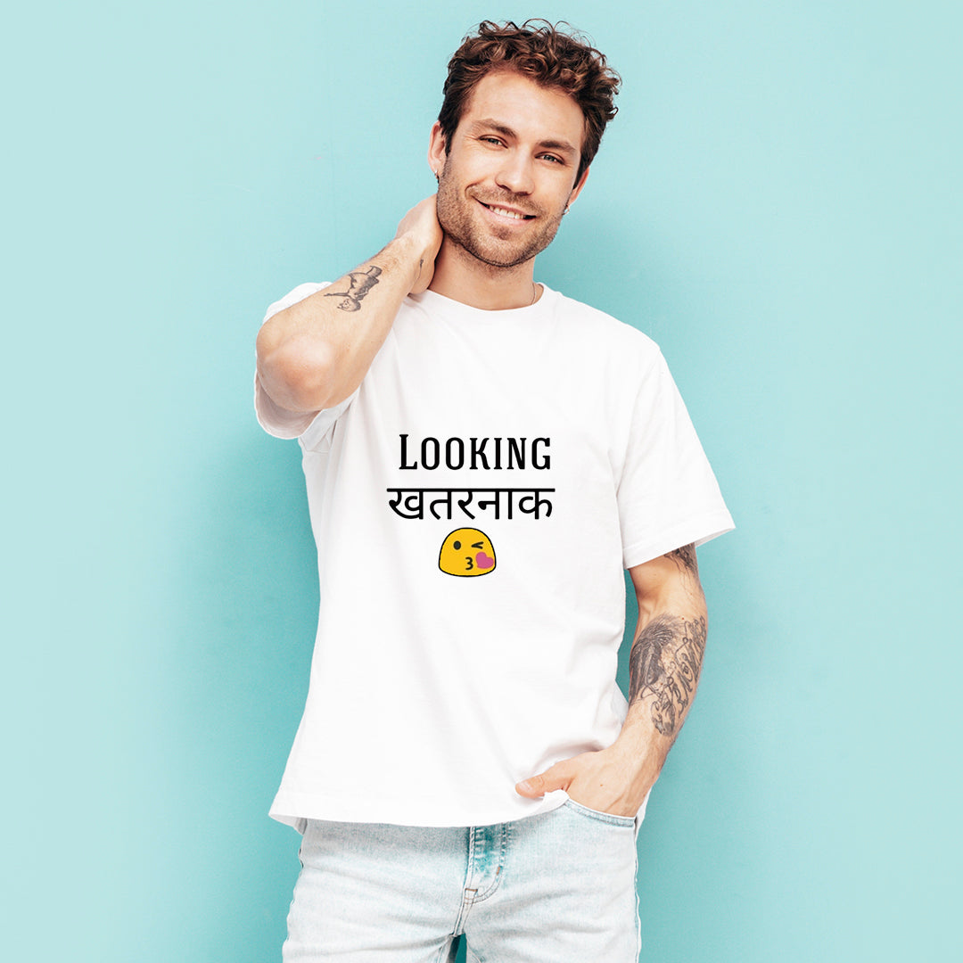Looking Khatarnaak T-Shirt for Men | Funny Hindi Printed T-Shirt | Attitude Graphic Tee | Cotton Polyester A4 Print | Rentalkart