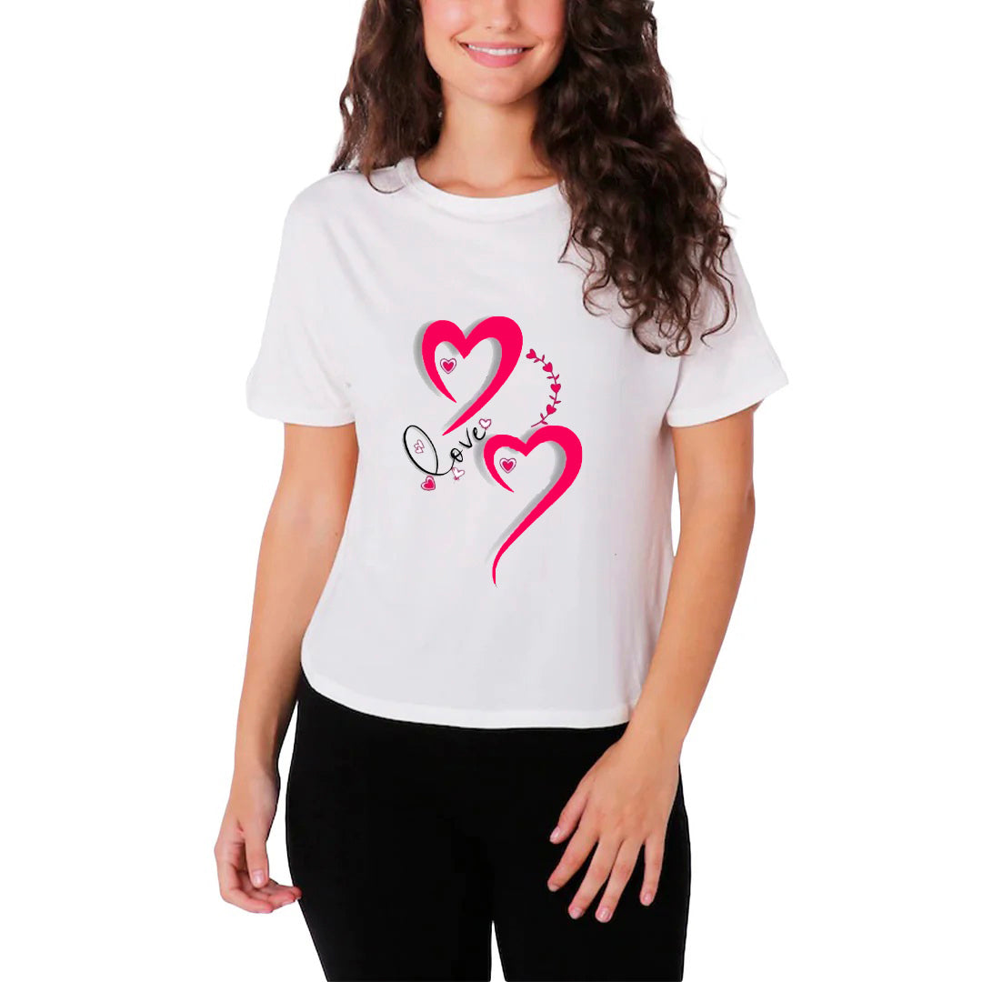 Love Hearts Graphic Printed T-Shirt for Women | Premium Cotton + Polyester | White