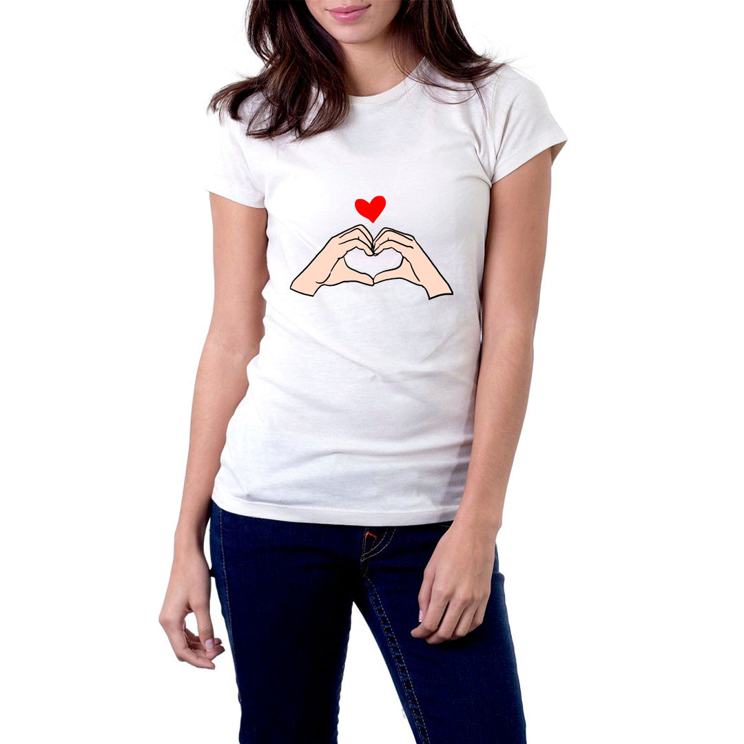 Hand Heart Love Graphic Printed T-Shirt for Women | Premium Cotton + Polyester | White