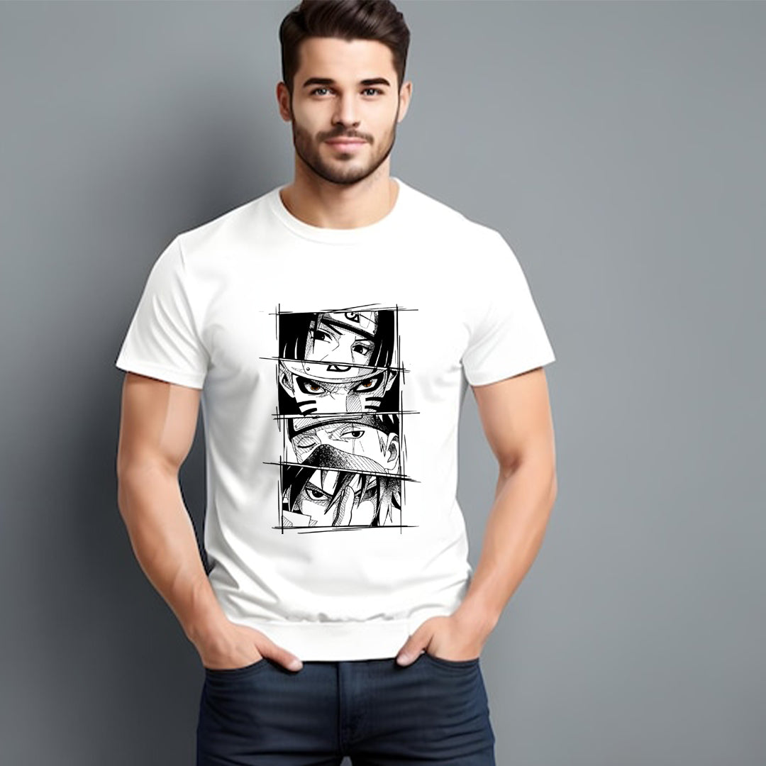 Anime Ninja Faces Graphic Printed T-Shirt for Men | Premium Cotton + Polyester | White