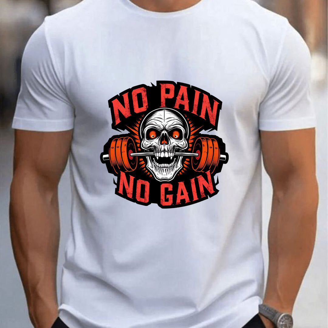No Pain No Gain Skull Gym T-Shirt for Men | Fitness Workout Graphic Tee | Bodybuilding Motivation T-Shirt | Cotton Polyester A4 Print | Rentalkart