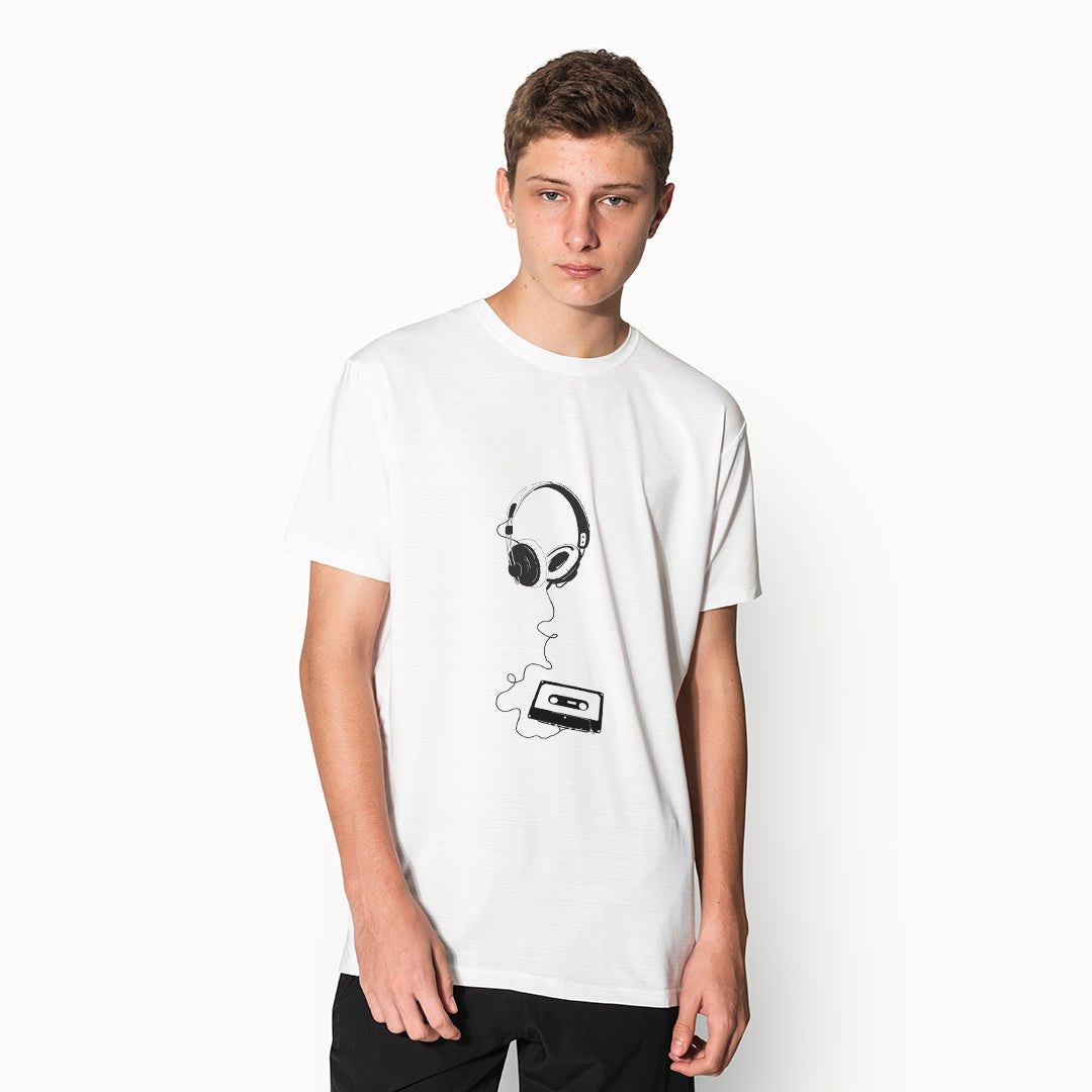 Music Headphones Cassette T-Shirt for Men | Retro Audio Graphic Tee | DJ & Music Lover Printed T-Shirt India | Cotton Polyester A4 Print | Rentalkart