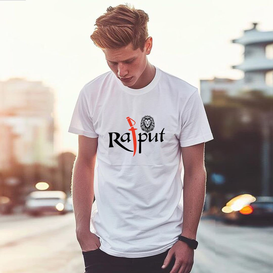 Rajput Lion Attitude T-Shirt for Men | Rajputana Pride Typography Tee | Royal Warrior Graphic T-Shirt India | Cotton Polyester A4 Print | Rentalkart