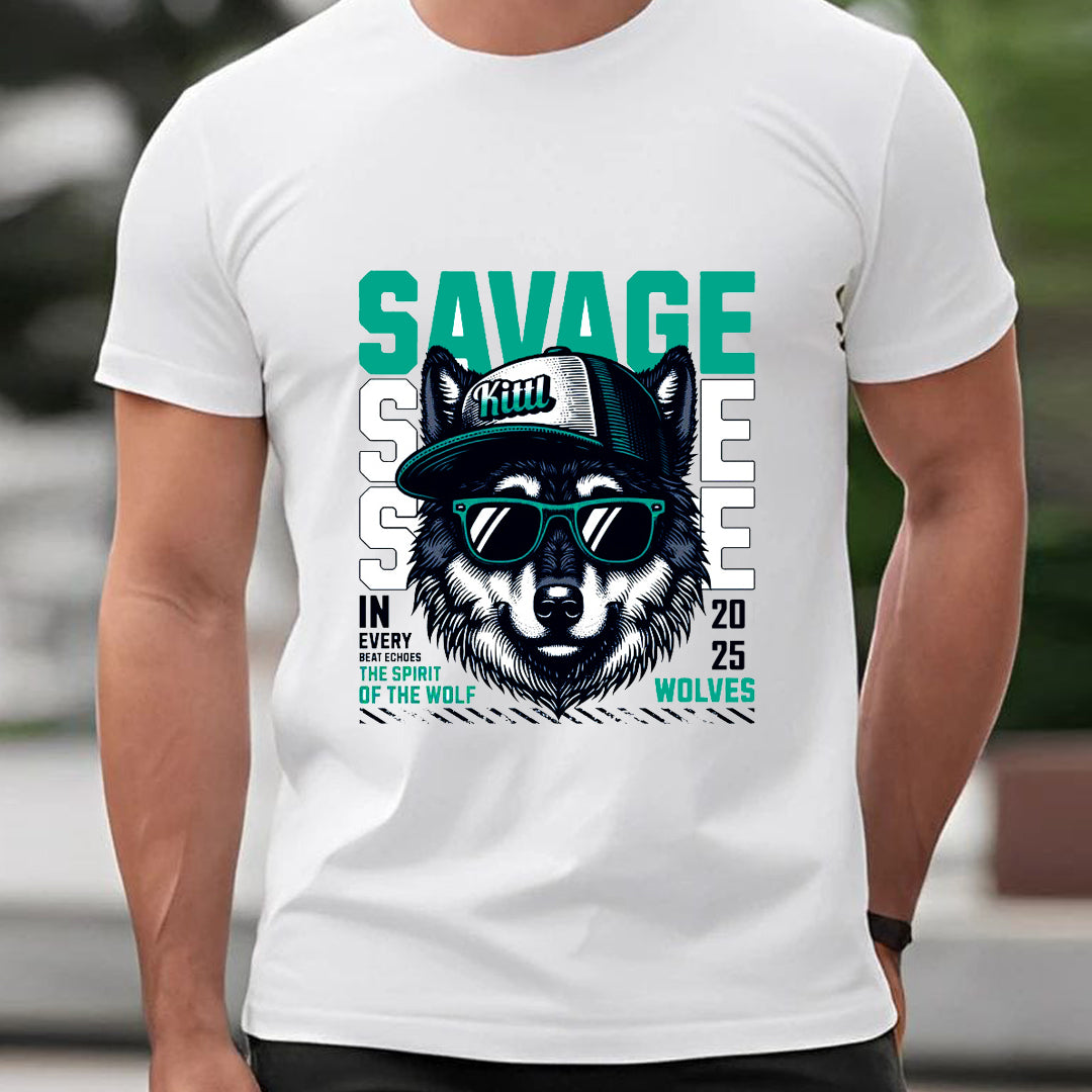 Savage Wolf T-Shirt for Men | Cool Wolf Attitude Graphic Tee | Streetwear Animal Print T-Shirt India | Cotton Polyester A4 Print | Rentalkart